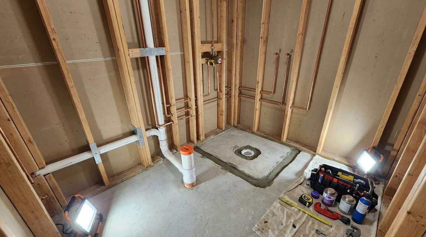 Bathroom rough-in plumbing during remodel by Johns Plumbing LLC in Royal City