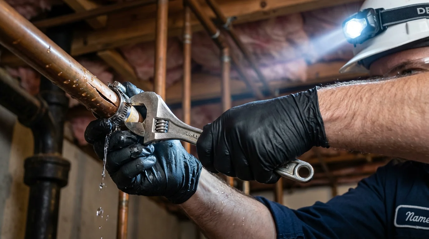 Emergency pipe clamp repair being performed by a Johns Plumbing LLC plumber in Royal City