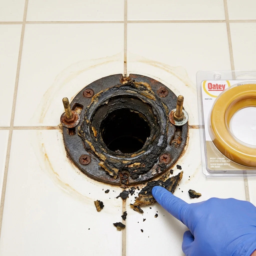 Failed wax ring showing water seepage at the base of a toilet in a Royal City, WA home