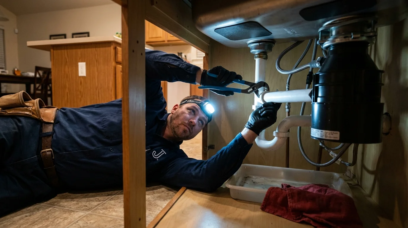 P-trap and supply line connections under a kitchen sink showing a common leak point in Royal City, WA